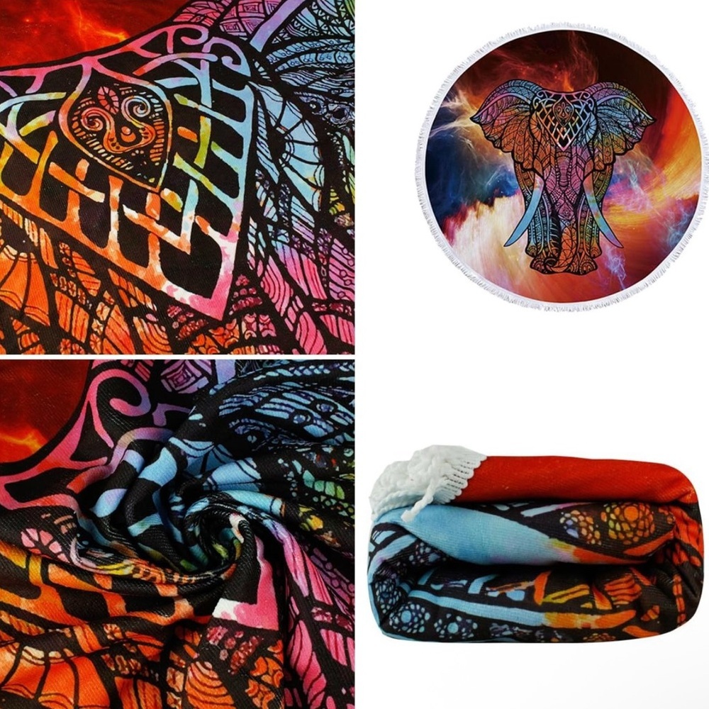 Violet Mist Mandala Round Beach Towel Elephant Design 60” Microfiber Bohemian - Picture 5 of 6